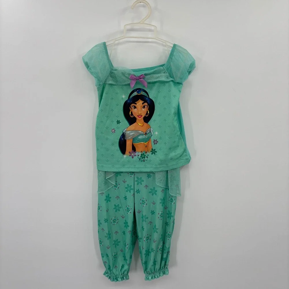 Disney Princess Jasmine Pajama Set Kids 3T Teal Glitter Mesh Aladdin Sleepwear